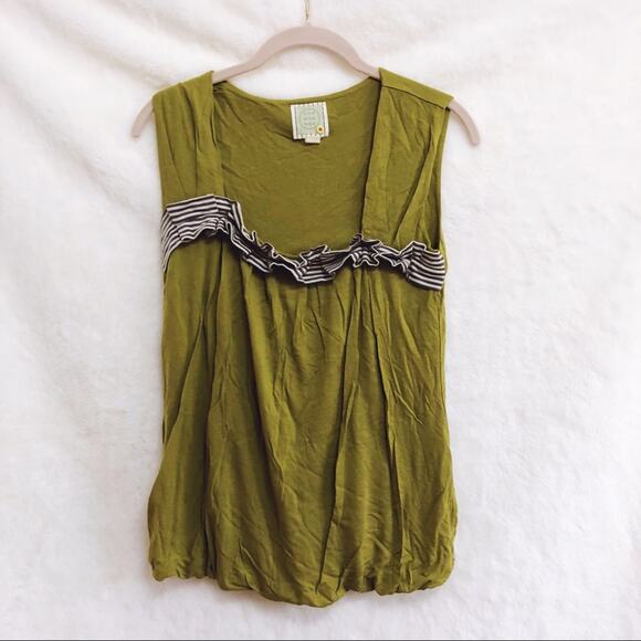 Little Yellow Button Olive Ruffled Front Top - Picture 1 of 7